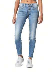 Women's Casual Slim Fit Low Waist Pocket Button Denim Capri Pants, Suitable For Commuting And Daily Wear, Autumn
