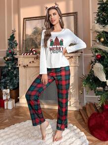 圣诞树印花长袖上衣和格子裤睡衣套装，秋冬服装 - 白色 - 查看 6