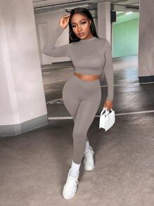 Slaydiva Bộ đồ bó hai mảnh tập yoga và áo thun croptop màu trơn - Màu Xám nhạt - Xem 4