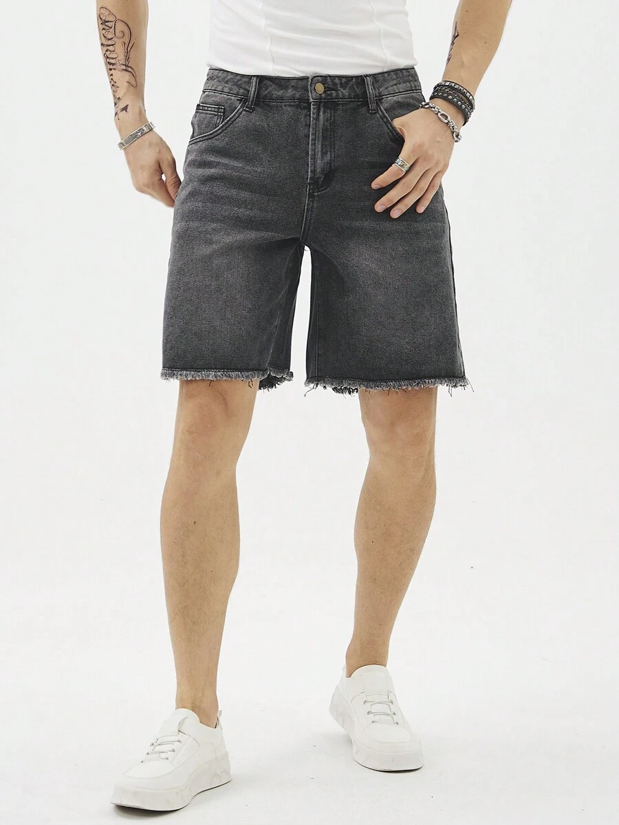 Manfinity Hypemode Men's Solid Color Frayed Hem Pocket Denim Shorts For Summer - Grey - View 1