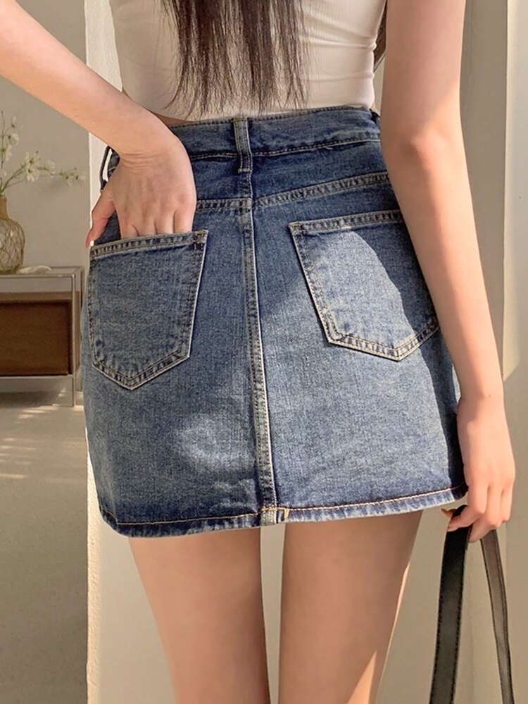 Women Washed Faded Denim Skirt Jeans Skirt