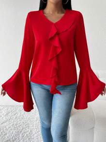 Chiquease Blusa con escote en V con volantes y mangas acampanadas para mujer