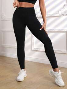 Gameset SHEIN Sport Leggings deportivos de cintura ancha de panal tejido de canalé - Negro - Ver 6