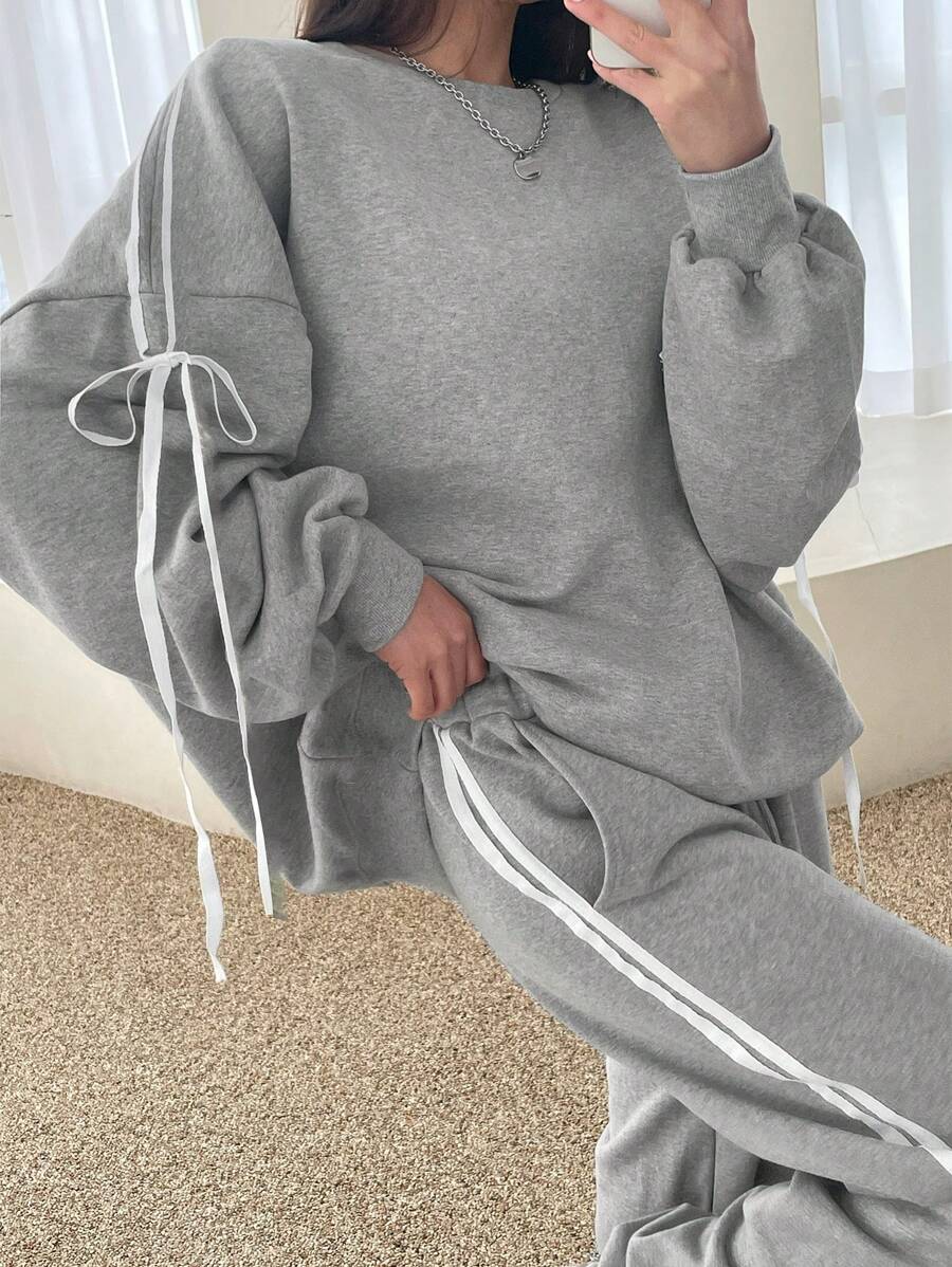 DAZY Sudadera con capucha de mujer de línea térmica simple y sólida, informal, con cordón, de manga larga, ropa de otoño - Gris - Ver 1