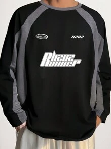 Manfinity Hypemode Sudadera holgada y casual de cuello redondo de manga larga con estampado de letras y bloques de color para hombre