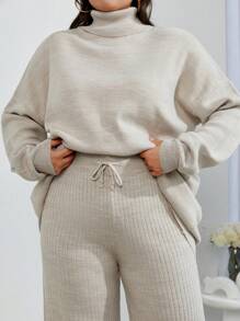 EURMUSE Plus Size Sweater 2pcs High Neck Drop Shoulder Sweater And Ribbed Solid Color Sweater Pants, For Winter - Beige - View 4