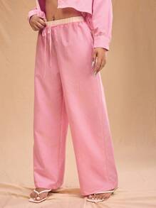 Forever 21 Plus Women's Fashionable Pink Striped Waist Elastic Drawstring Pants - Baby Pink - View 4