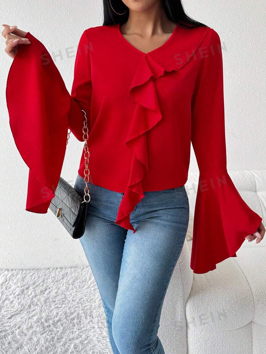 Chiquease Blusa con escote en V con volantes y mangas acampanadas para mujer