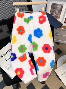 SHEIN 2pcs Set: Teddy Velvet Knit Ditsy Floral Fluffy Round Neck Loose Casual Top & Wide-Leg Loose Casual Pants For Young Girls,Super Soft And Warm,Autumn And Winter,Great For Casual & Daily Wear & School Daily,College Style, Back-To-School,Party