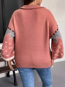 EMERY ROSE 大码女式几何复古印花 Polo 领拉链长袖休闲宽松针织高领毛衣秋冬季 - 彩色 - 查看 2
