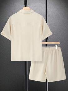 Manfinity Hypemode Solid Color Button Front Pocket Short Sleeve Shirt And Drawstring Waist Pocket Shorts Casual 2pcs Outfit