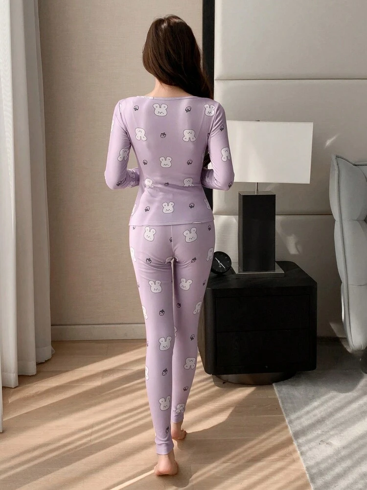Cute Allover Print Form-Fitting Pajama Set