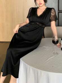 DAZY Lace Patchwork Satin Waist Nightgown Pajama - Black - View 1