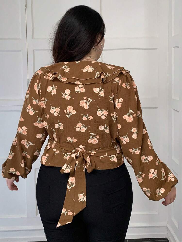 Dazy Plus Plus Size Floral Print Stand Collar Lace-Up Tunic Shirt,Ruffle,Fall Clothes Long Sleeve Top Graphic Tee Boho