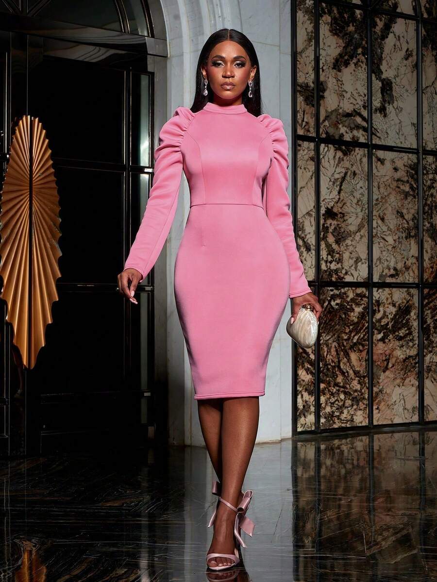 纯色立领修身派对礼服优雅长袖鸡尾酒会半正式舞会婚礼宾客礼服，适合生日、毕业典礼、晚宴、返校节 - 粉色 - 查看 1