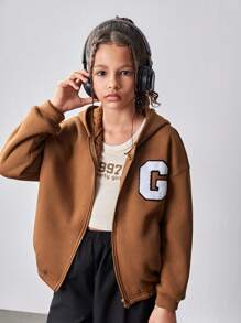SHEIN Tween Girls' Loose Casual Letter Print Hoodie Jacket - Khaki - View 1