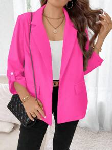 SHEIN Unity Plus Size Casual Solid Color Roll-Up Sleeve Blazer Jacket, Spring/Autumn Graduation,Back To School,Teacher Outfits For Women Fall Cloth For Women Winter - Watermelon Pink - View 3