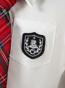 SHEIN 2 piezas Conjunto informal de niña con blusa y falda a cuadros, temporada de vuelta al colegio - Rojo - Ver 7