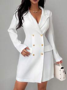 Rafferiza 白色优雅 V 领长袖双排扣连衣裙 - 白色 - 查看 4