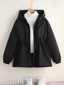 SHEIN Dziewczęca kurtka wiatrówka z kapturem w luźnym kroju, w jednolitym kolorze, z długim rękawem i ściągaczem w pasie