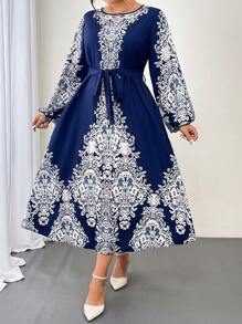 EMERY ROSE Đầm Maxi Tay Dài In Hoa Phong Cách Cổ Điển Cho Nữ Cỡ Lớn - Màu xanh hải quân - Xem 1
