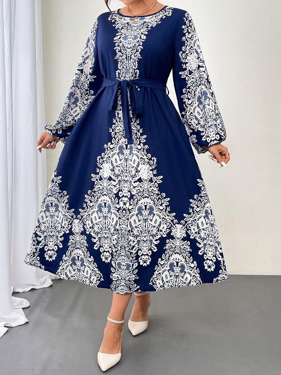 EMERY ROSE Đầm Maxi Tay Dài In Hoa Phong Cách Cổ Điển Cho Nữ Cỡ Lớn - Màu xanh hải quân - Xem 1