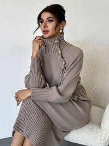 Firerie Vestido de suéter largo con cuello alto y cintura anudada para mujer - Café integral - Ver 5