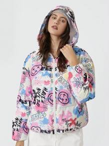SHEIN EZwear Abrigo acolchado corto holgado con capucha, de patrón de teñido anudado y grafiti, informal de otoño invierno