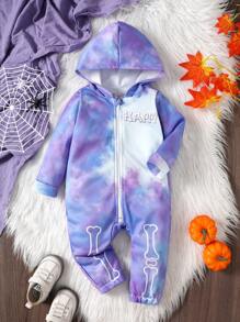SHEIN Enterizo de manga larga con capucha para bebés niños, con estampado de calavera y efecto tie-dye, adecuado para salidas y Halloween, otoño/invierno - Multicolor - Ver 1