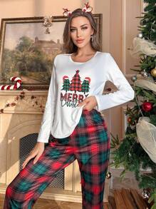 圣诞树印花长袖上衣和格子裤睡衣套装，秋冬服装 - 白色 - 查看 5