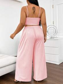 Flirla Plus Size Solid Color Spaghetti Strap Minimalist Top And Pants 2-Piece Set - Pink - View 2
