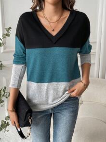 SHEIN LUNE 女士 V 领长袖拼色 T 恤 - 彩色 - 查看 3