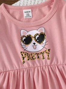 Baby Girls' Cute Cat Letter Printed Dress & Leopard Fleece Vest 2pcs Set, Spring Autumn - Multicolor - View 4
