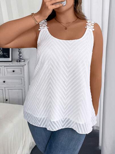 Vionelle Plus Size Women Solid Color Lace Tank Top, Summer