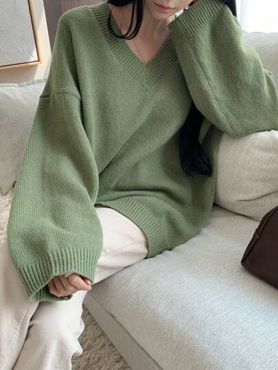 DAZY Suéter holgado de mujer de cuello en V de manga larga, blusas de manga larga, ropa de mujer de otoño