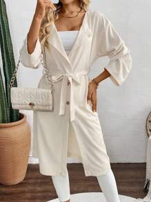 SHEIN LUNE Abrigo largo de manga larga regular de unicolor con cinturón para mujer - Albaricoque - Ver 5