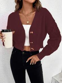 Chiquease Áo khoác cardigan ngắn họa tiết trơn sáng màu - Đỏ - Xem 6