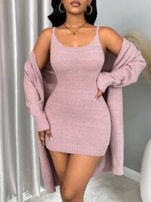 VaVaBold 1set Ladies' Solid Color Sweater Jacket And Slip Dress