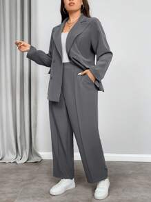 SHEIN Privé Bộ 2 món áo khoác blazer dài tối giản thường ngày cỡ lớn cho nữ màu xám - Xám - Xem 3