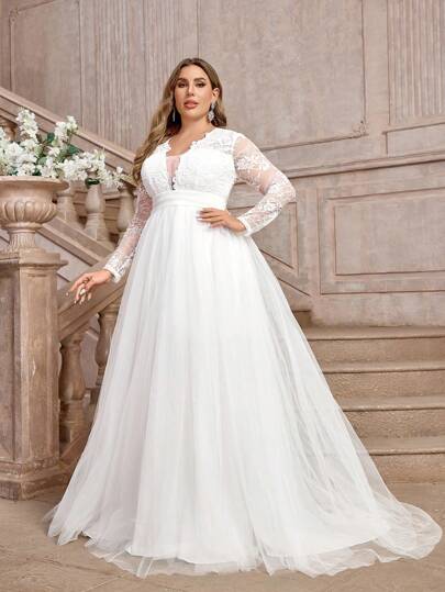 SHEIN Belle Plus Size Elegant Luxurious Romantic White V-Neck Sheer Long Sleeve French Lace Contrast Mesh Ruched Backless High Low Wedding Dress, Bridal Dress,Bride, For Valentine's Day