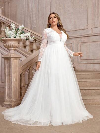 SHEIN Belle Plus Size Elegant Luxurious Romantic White V-Neck Sheer Long Sleeve French Lace Contrast Mesh Ruched Backless High Low Wedding Dress, Bridal Dress,Bride, For Valentine's Day
