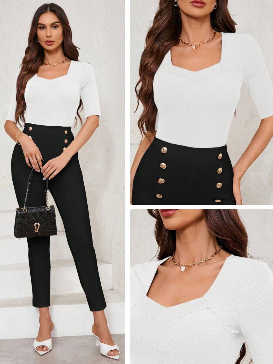 SHEIN Clasi Ribbed Scoop Neck Fitted Women T-Shirt - White - View 1