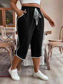 Plus Size Women Drawstring Waist Loose Fit Capri Pants With Pockets Graduation,Back To School Outfits,Graduation,Teacher Outfits For Women,Back To School