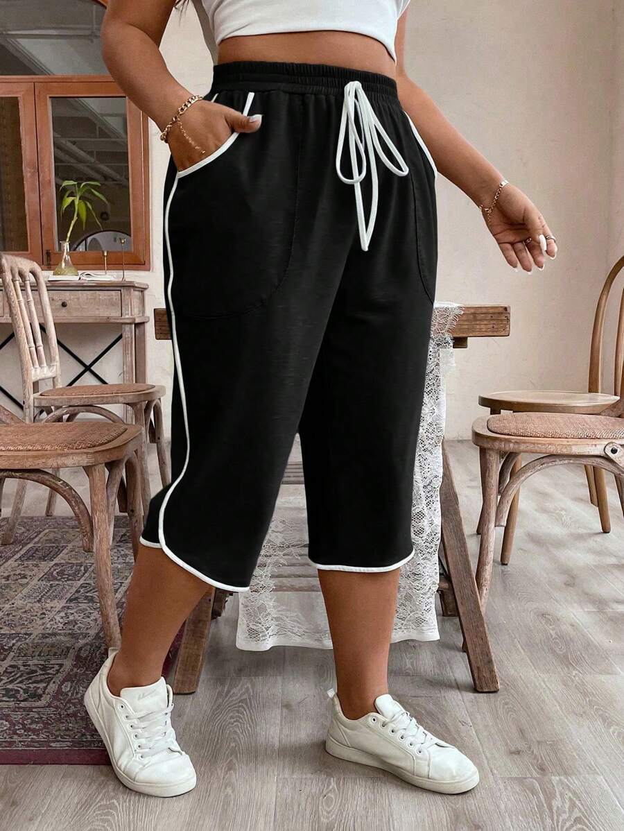 Plus Size Women Drawstring Waist Loose Fit Capri Pants With Pockets Graduation,Back To School Outfits,Graduation,Teacher Outfits For Women,Back To School