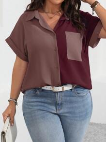 Vionelle Plus Size Women's Color Block Simple Daily Short Sleeve Shirt, For Summer