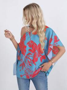 SHEIN LUNE 女裝花卉印花不對稱領口襯衫 - 藍色 - 查看 3