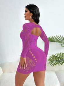 VaVaBold 时尚透明网眼纯色镂空圆领紧身长袖连衣裙 - 紫色 - 查看 2