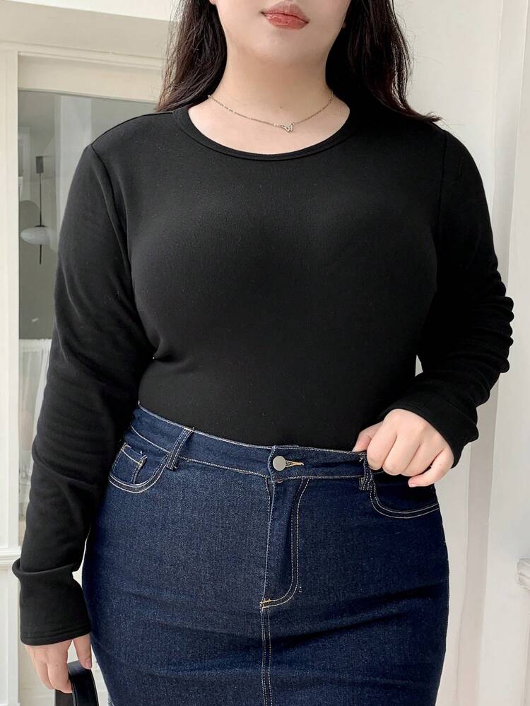 Dazy Plus Plus Size Thick Thermal Lined Solid Color Base Layer T-Shirt, For Winter Long Sleeve Women Tops,Thermal Lined Fall Tops
