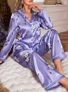 Women's Floral Print Long Sleeve Pajama Set, Fall Winter Clothes - Multicolor - View 1