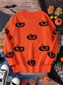 SHEIN VCAY Plus Size Women's Pumpkin Print Round Neck Long Sleeve Sweater In Fall/Winter - Orange - View 2